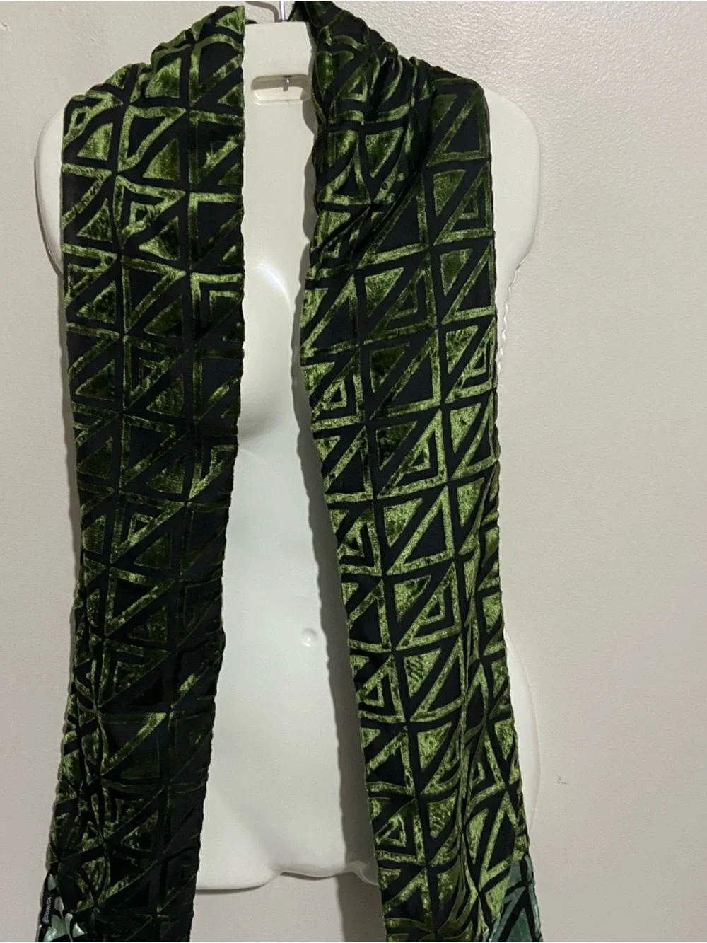 Dupatta Scarf Green Black Silk Velvet Burnout Geometric Boho Artsy